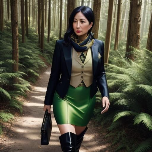 Businesswoman in Green and Gold Skirt on Forest Path