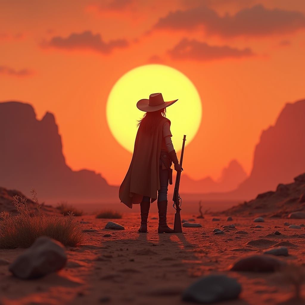 Cowgirl in Desert Sunset, 3D Hyperdetailed Art
