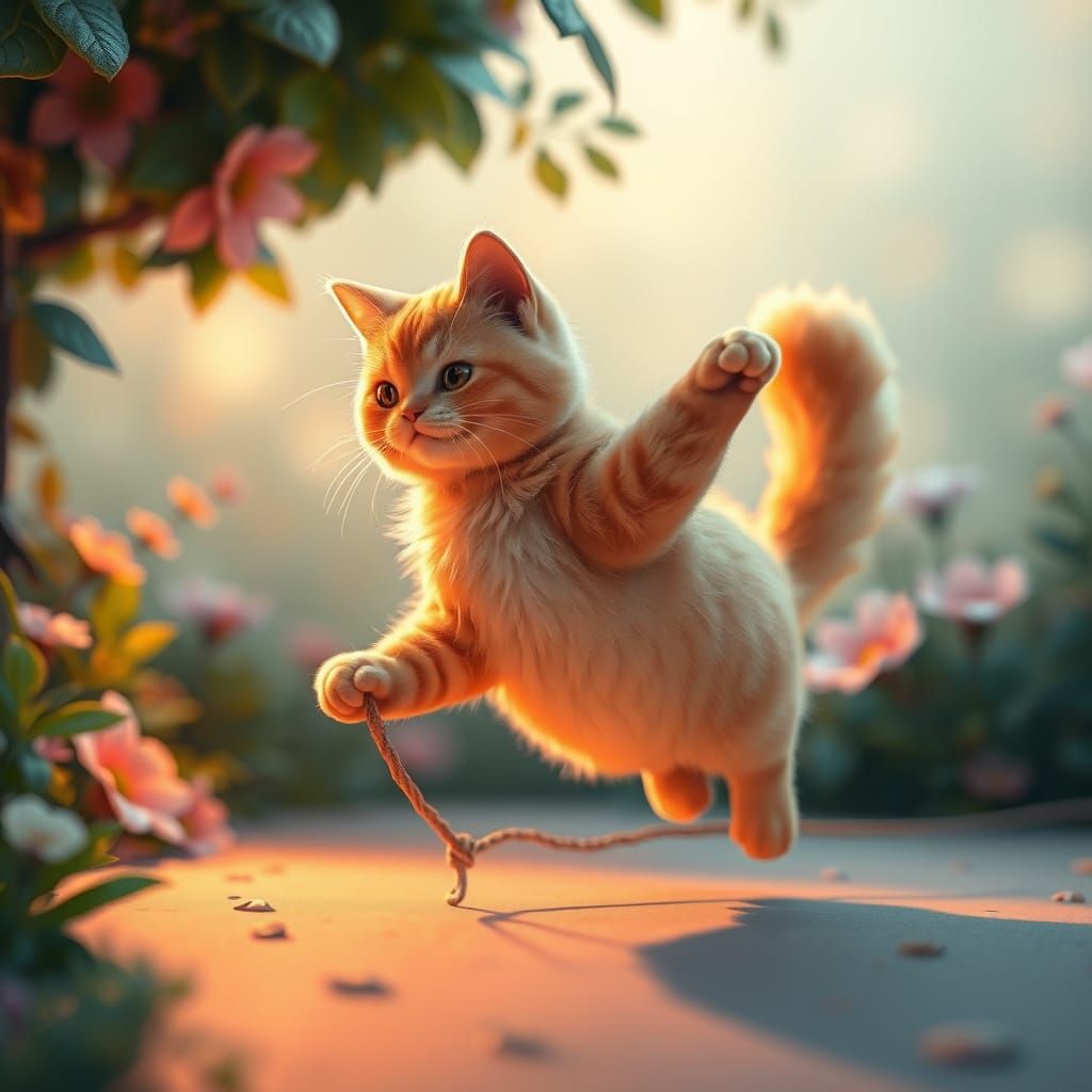 Whimsical Cat Leaps Rope in a Dreamlike Landscape