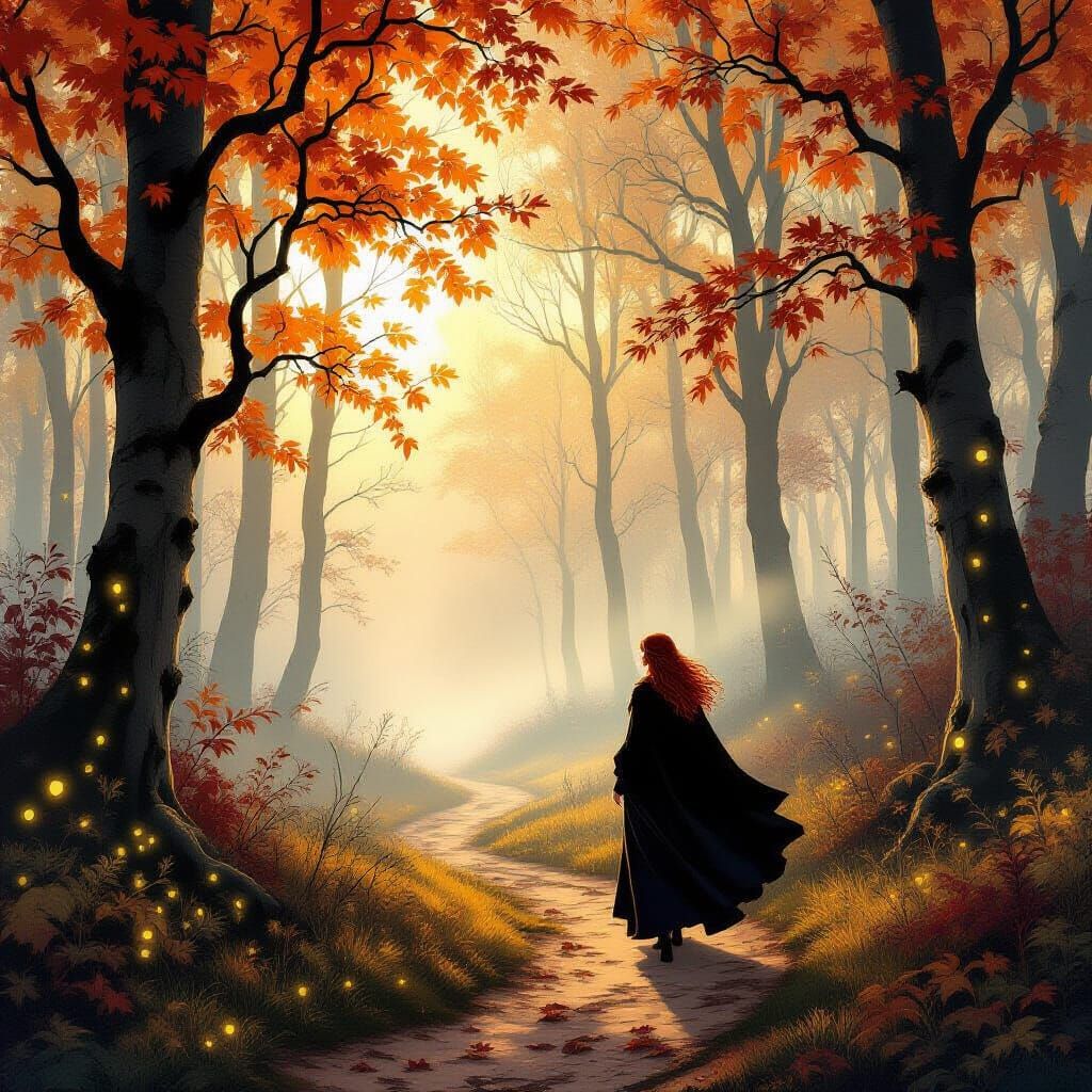 Enchanted Autumn Forest at Dawn with Woman and Wisps
