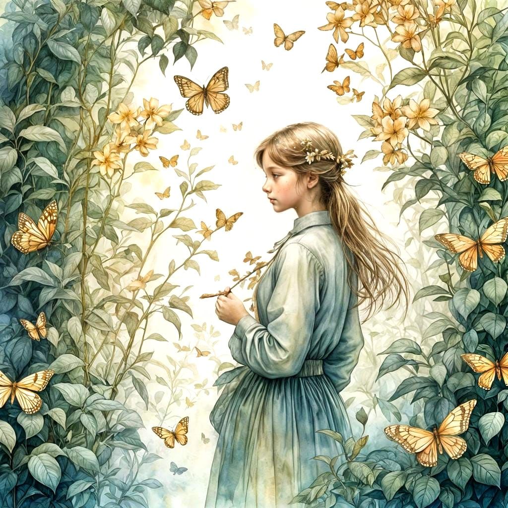 Watercolor Dust Bowl Girl and Butterfly Bush