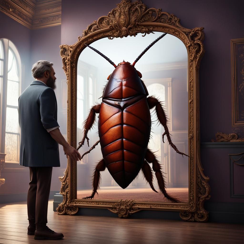 Human Sized Roach Stares into Mirror