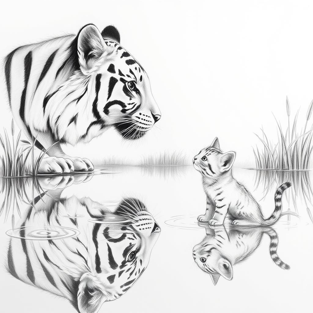 Pencil Drawing of Tiger and Kitten Reflection