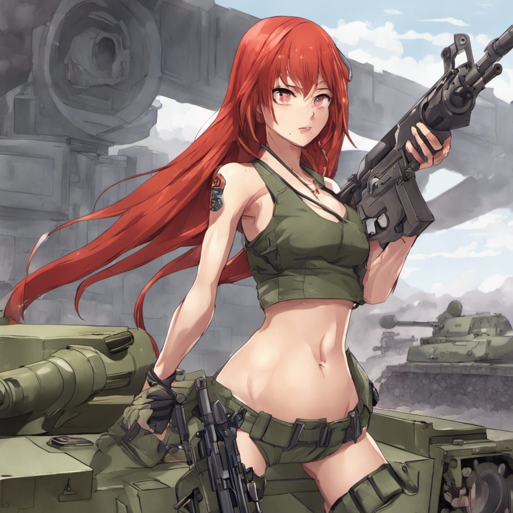 Anime Style Redhead with Machine Gun and Tank