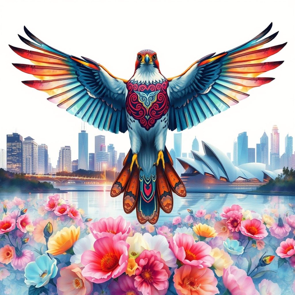 Falcon Adorned with Maori Designs in Cyberpunk Watercolor