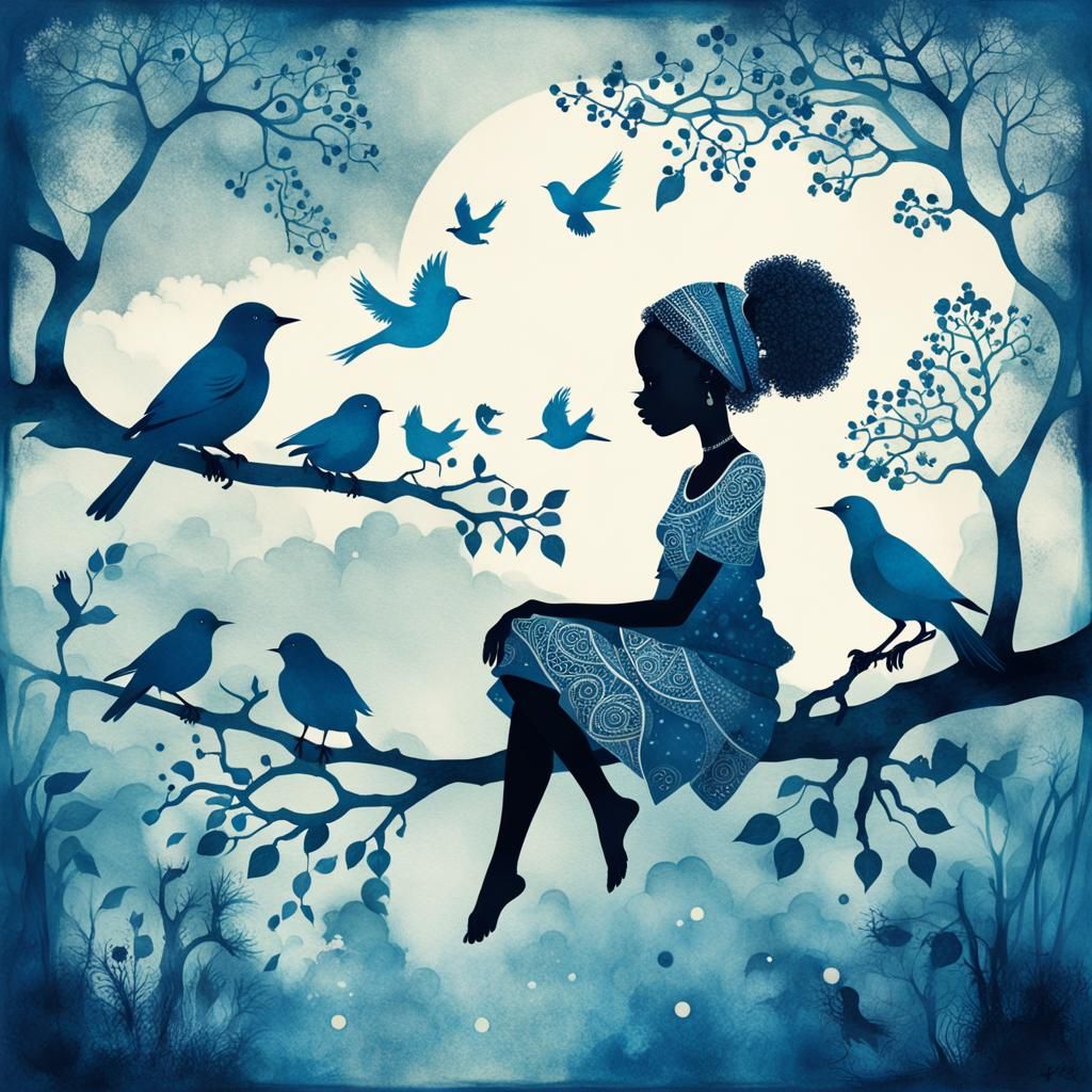 Girl on Branch in Cyanotype Fantasy Landscape