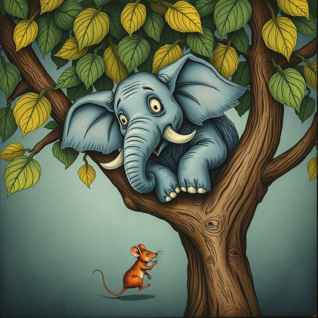 Scared Elephant Hiding from Mouse, Whimsical Illustration
