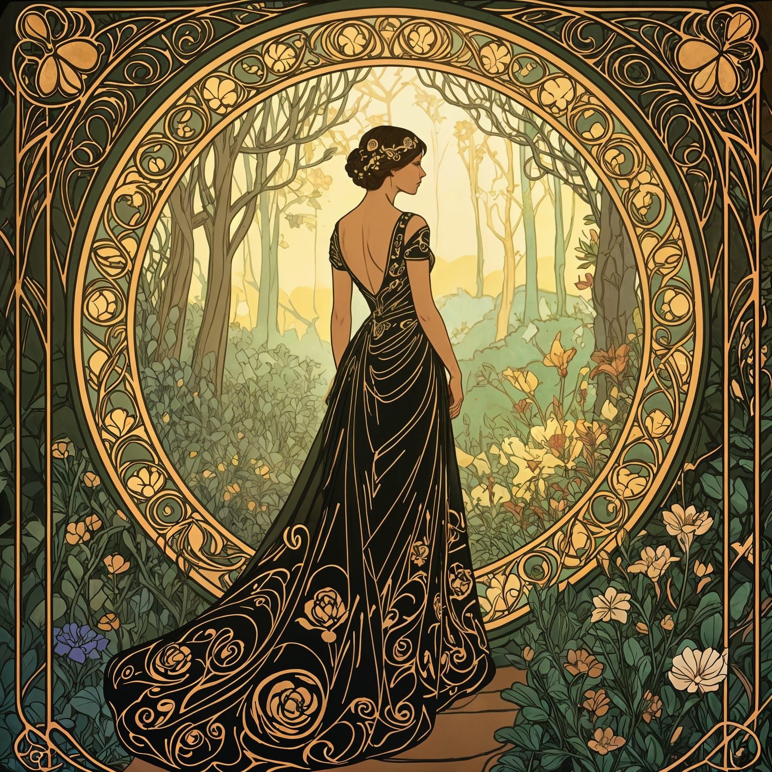 Elegant Woman at Ethereal Portal in Art Nouveau Style