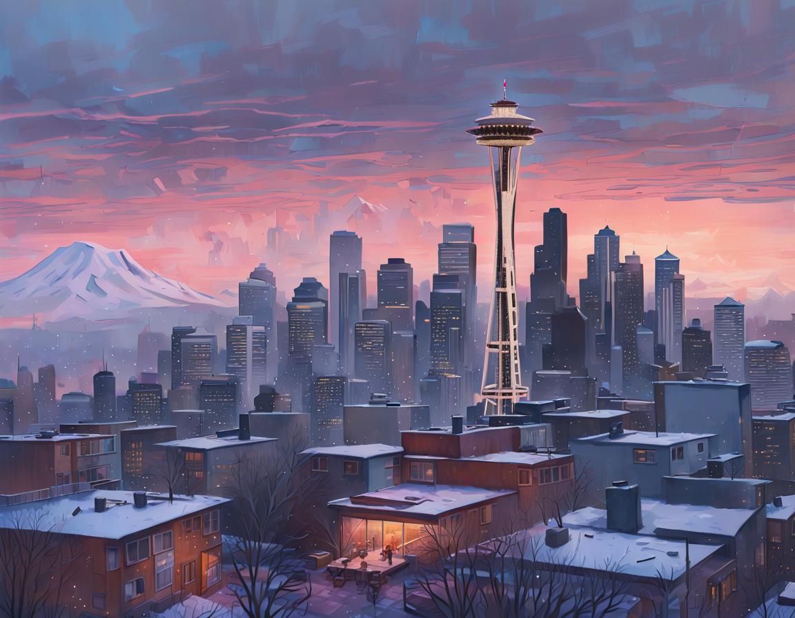 Seattle Biopunk Solarpunk Cityscape in Watercolor Style