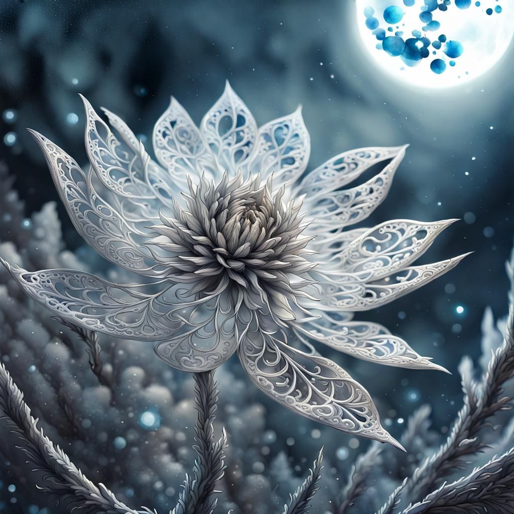 Silver Filigree Flower with Frost, Watercolor Lineart