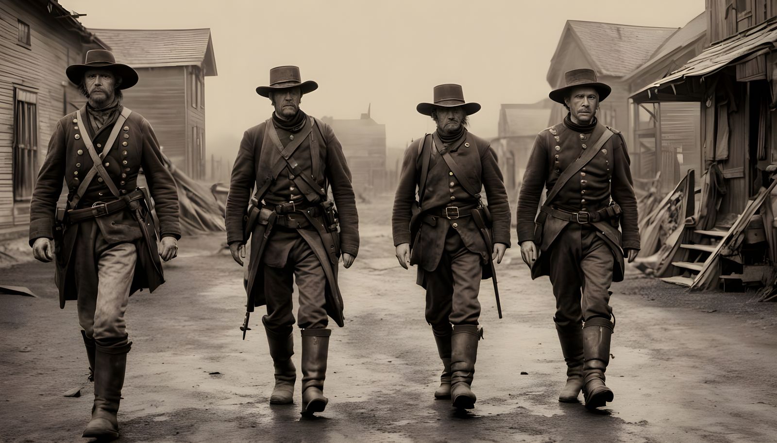 Civil War Soldiers Enter Town in a Faded Sepia Haze