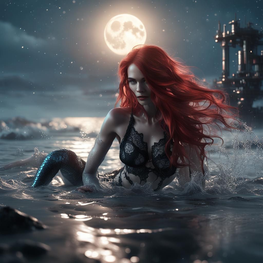 Steamy Beach: Redhead Mermaid in Sci-Fi Style