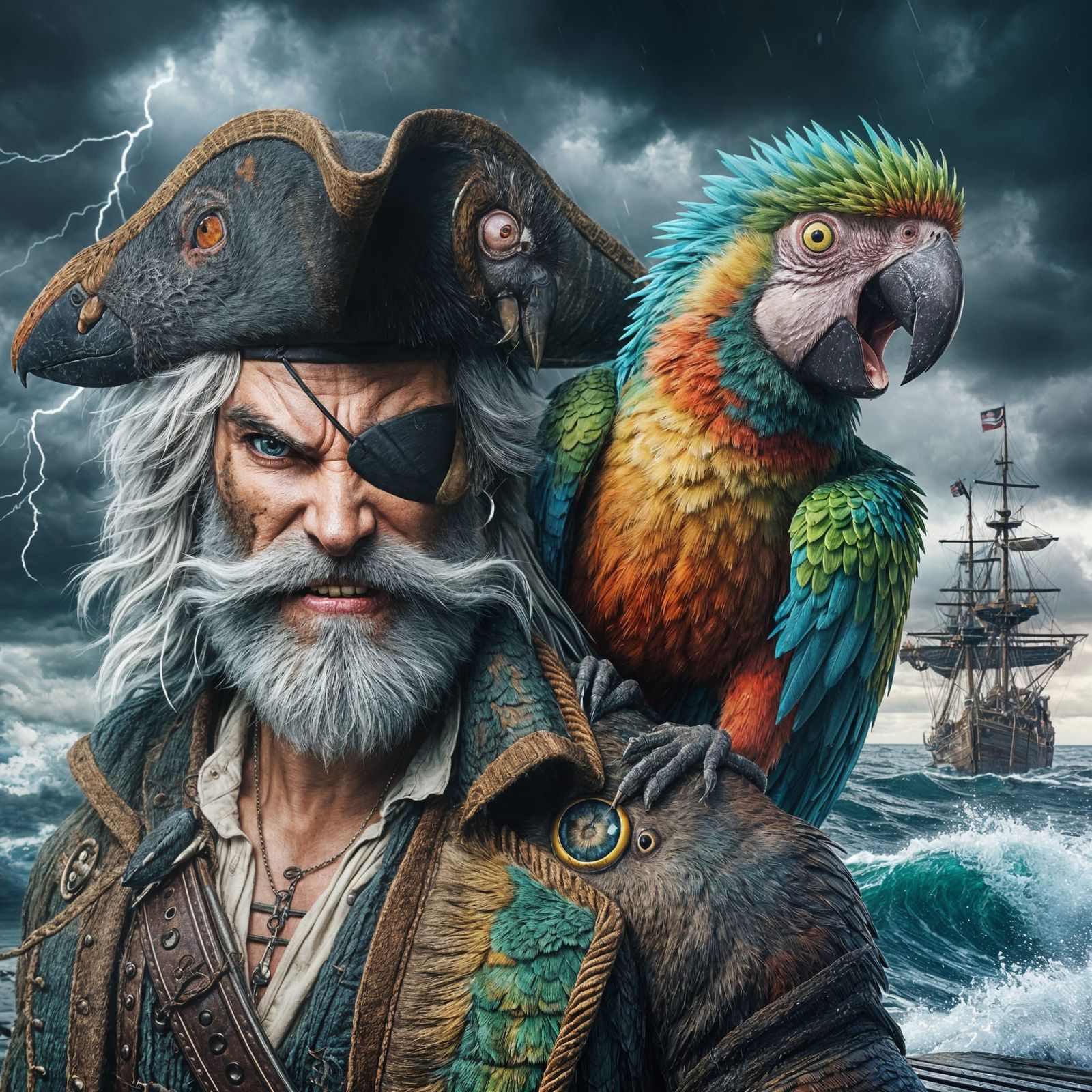 Pirate Captain with Parrot in Stormy Seas