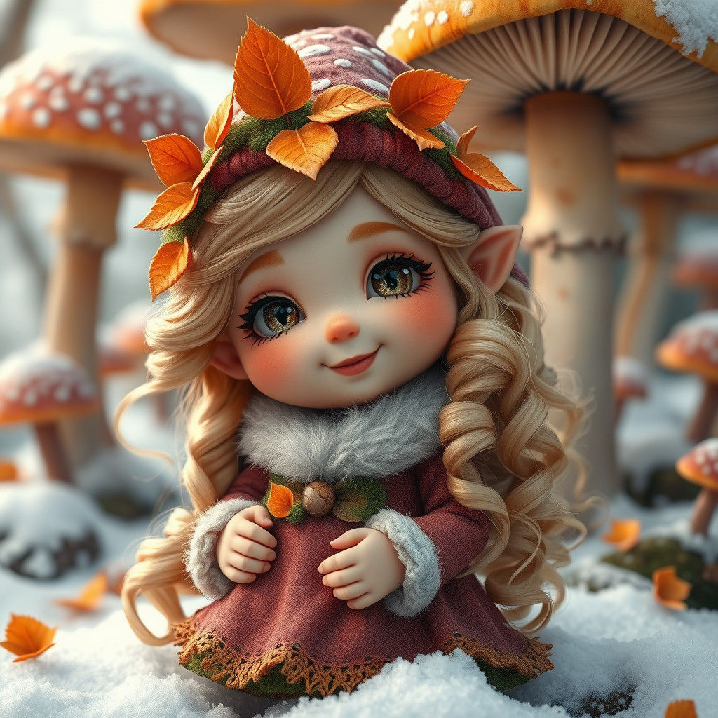Enchanted Gnome Girl in Snowy Fantasy Landscape