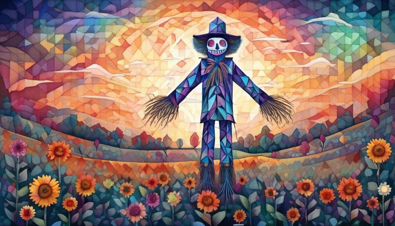 Geometric Scarecrow in Watercolor with Abstract Fractal Patt...