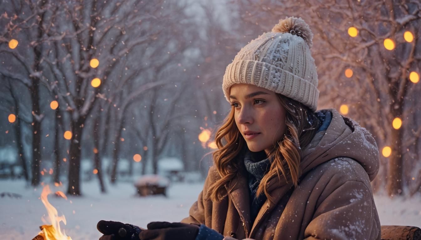 Cozy Scene of Snowfall on a Winter Evening with Flickering F...