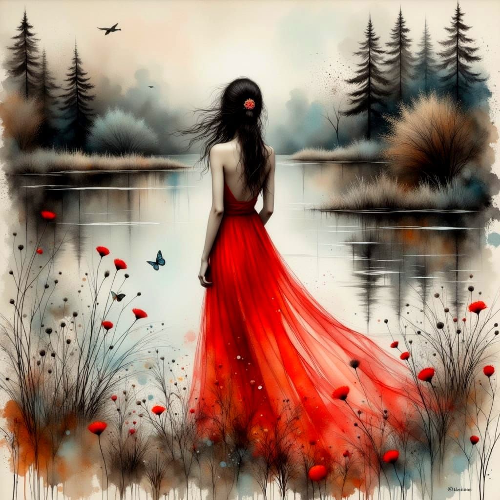 Ethereal Woman by Tranquil Lake in Impressionistic Charcoal