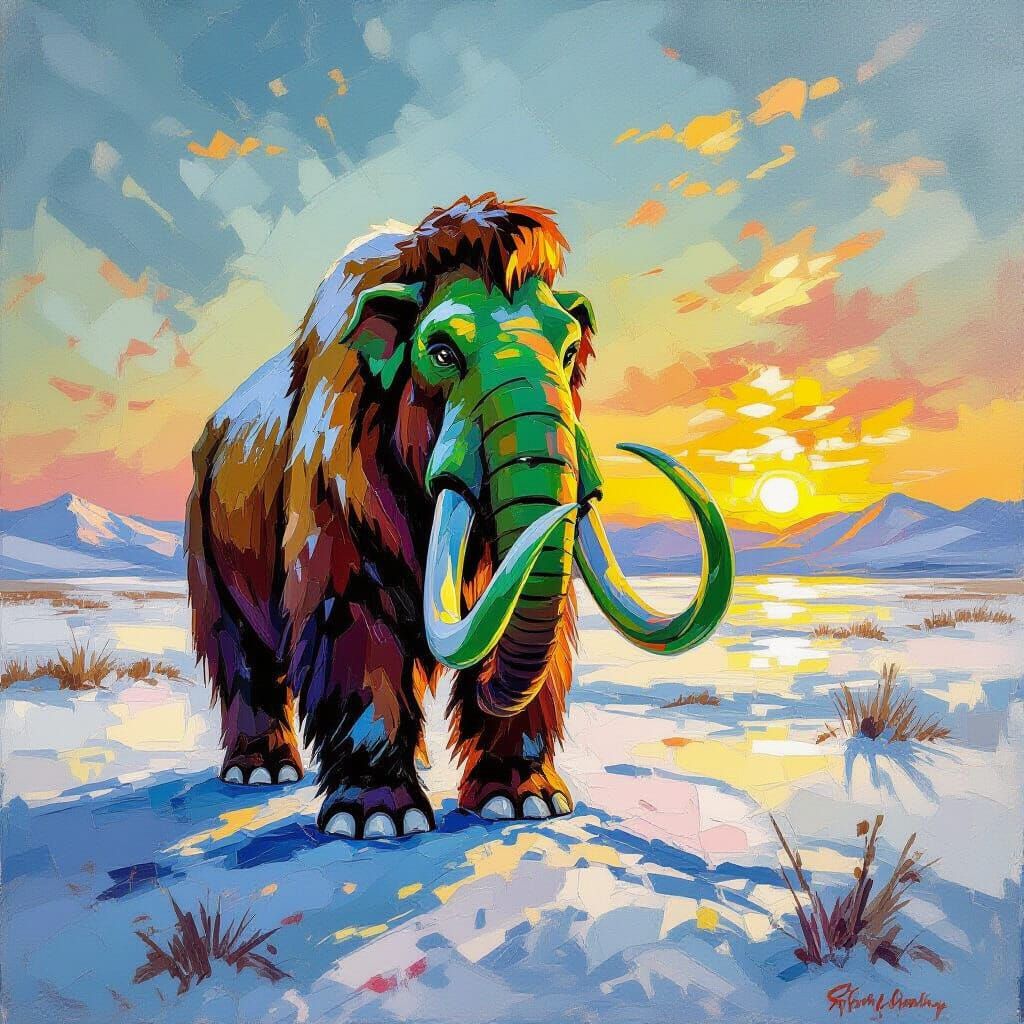 Vibrant Green Tusks on Mammoth in Golden Hour Tundra