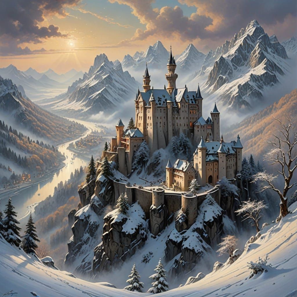 Medieval Fortress Amidst Snowy Alps in Ethereal Mist