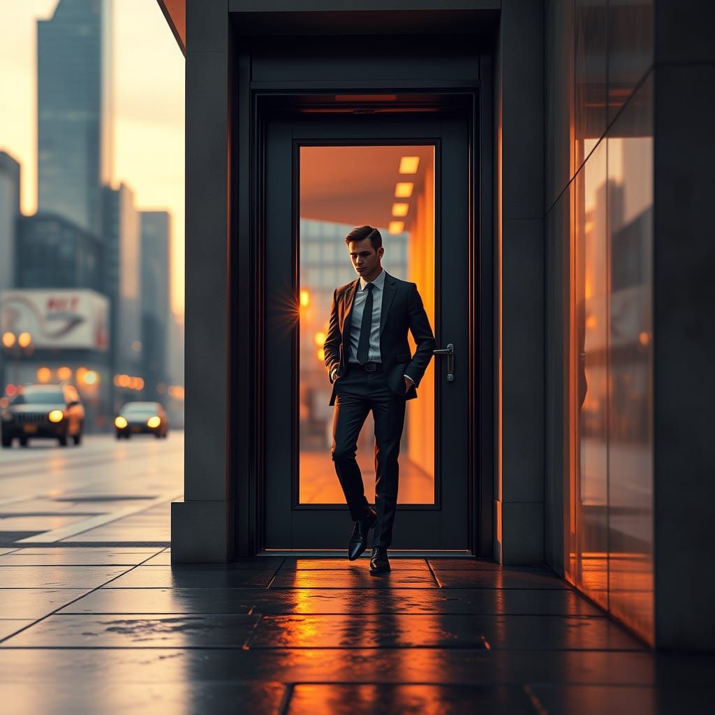Sleek Office Worker Steps Out into Golden Cityscape at Dusk