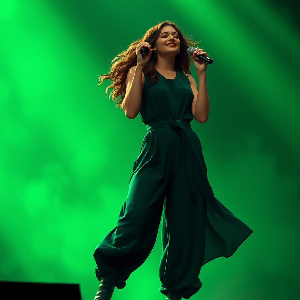Ethereal Singer on Stage in Emerald Glow