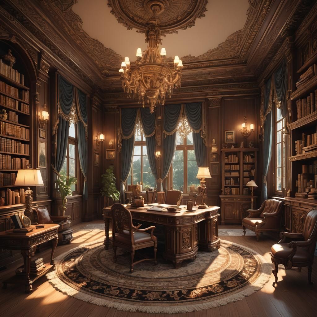 Opulent Mansion Study in 3D Anime Style