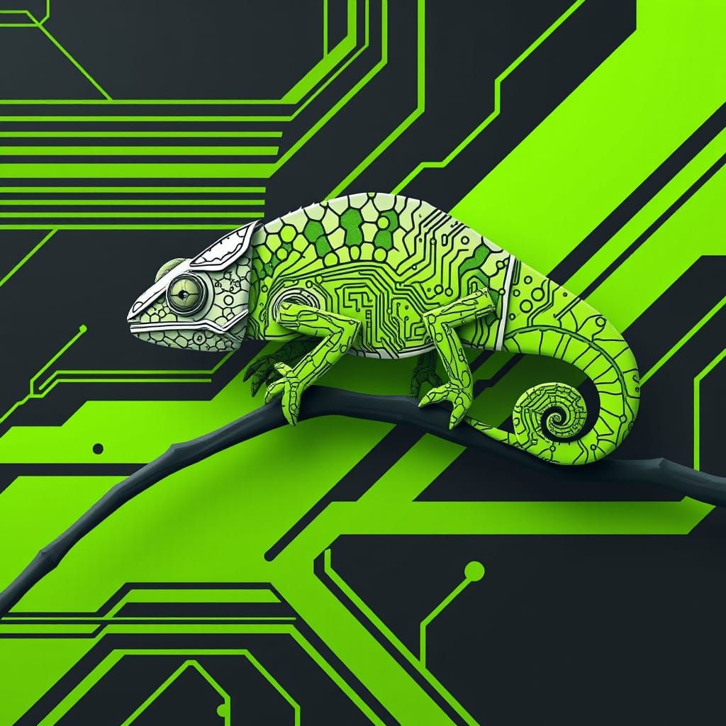 Origami Chameleon on Circuit Board in Vector Style