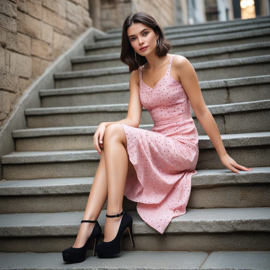 Elegant Woman in Polka-Dot Dress on Stone Steps