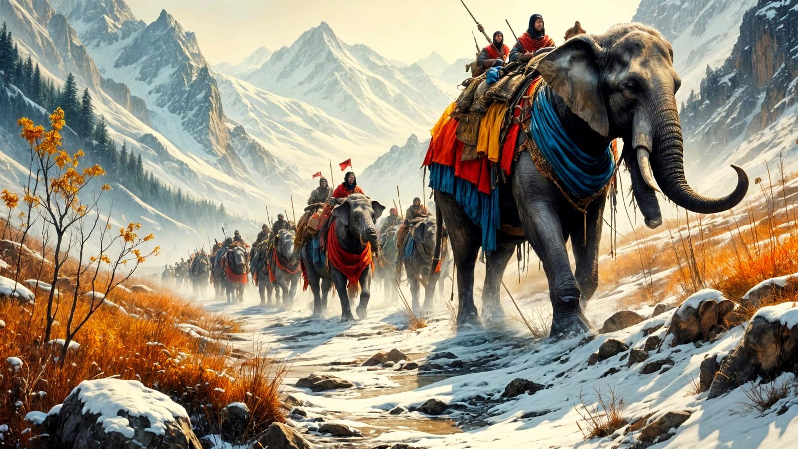 Hannibal and his army crossing the Alps.