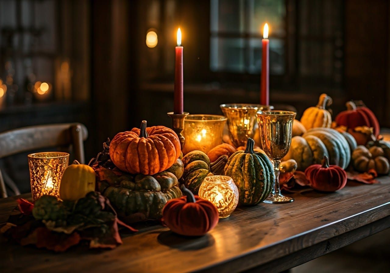 Autumnal Table Decor with Gourds in Rustic Style