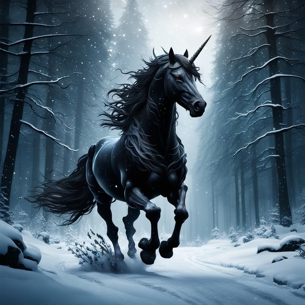 Mythical Black Unicorn Running Through Winter Snow