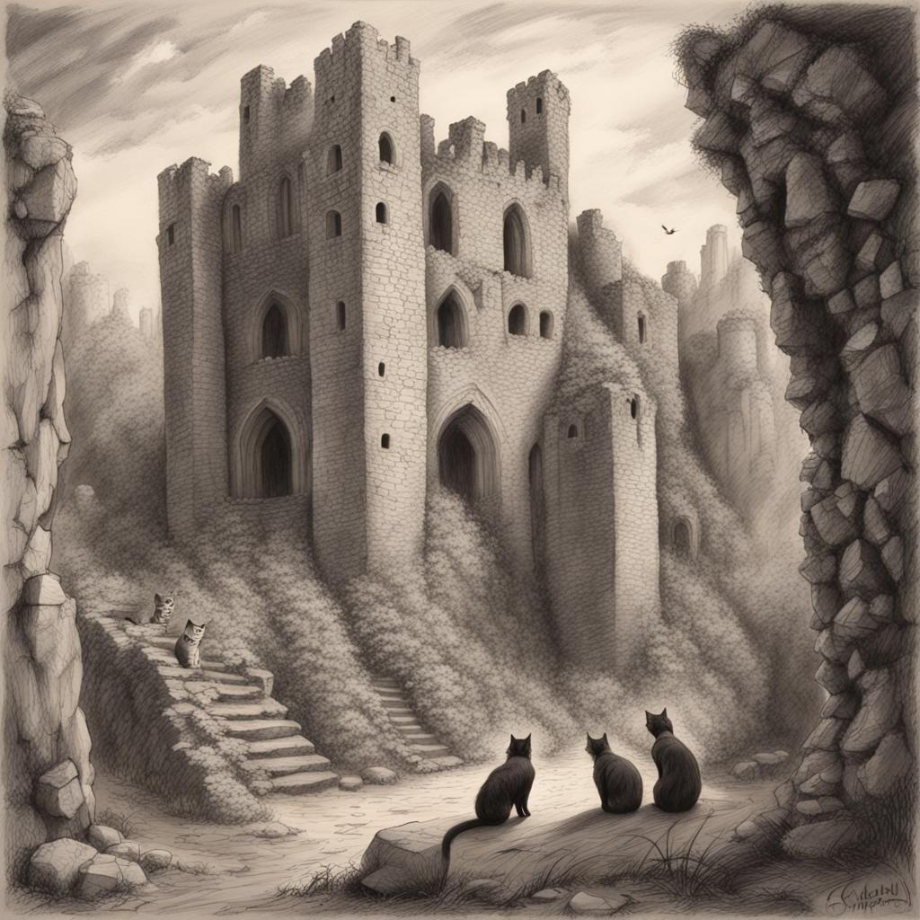 Cat Scouts Surveying Medieval Castle Ruins