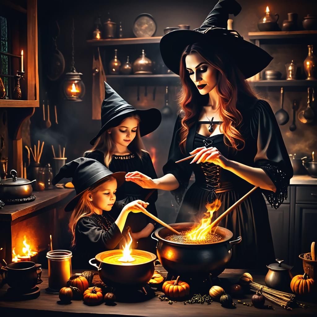 Modern Witch Teaching Daughter Spells in Kitchen