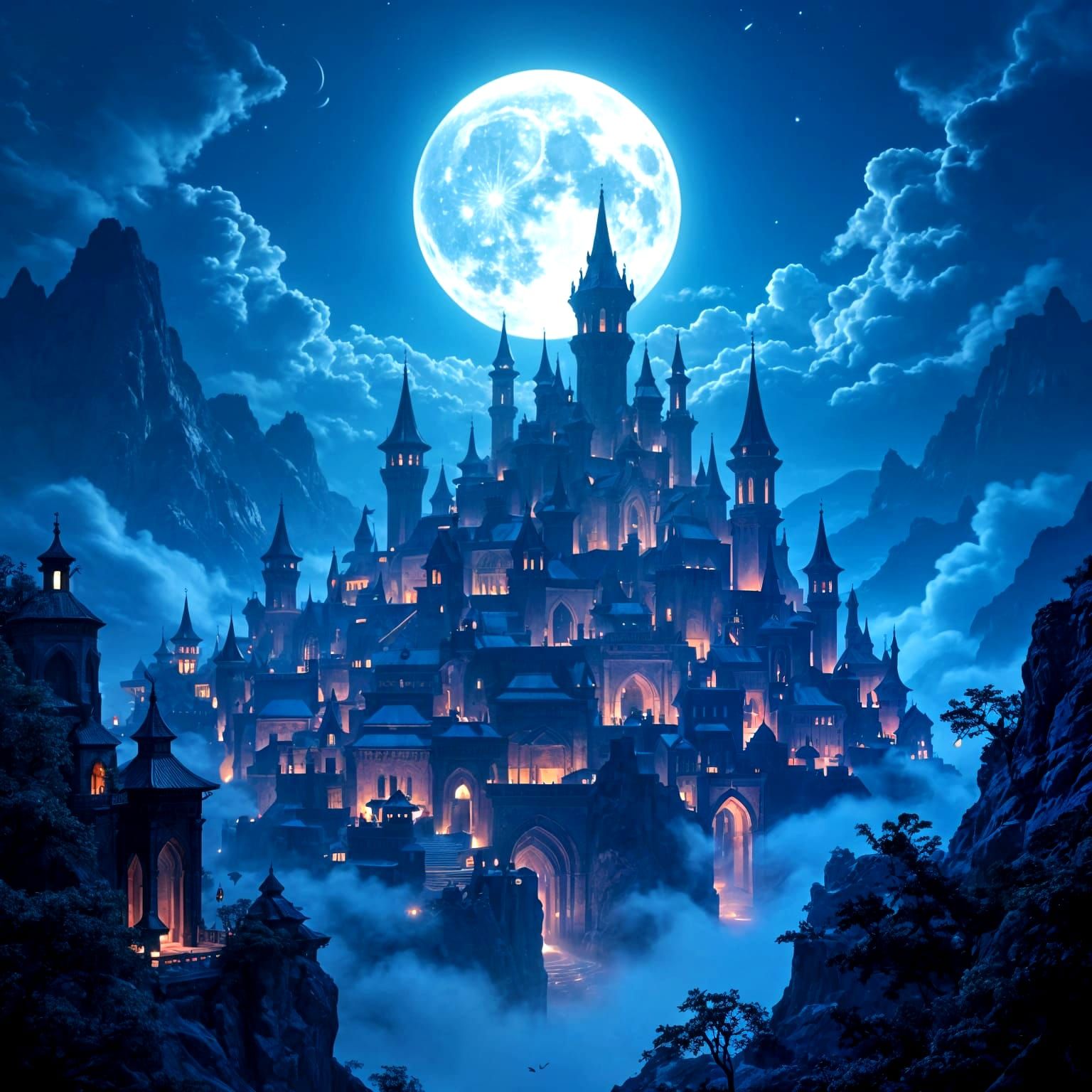 Mystical Town Under Full Moon Night Landscape