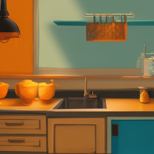 Cat on Kitchen Counter: Detailed Illustration