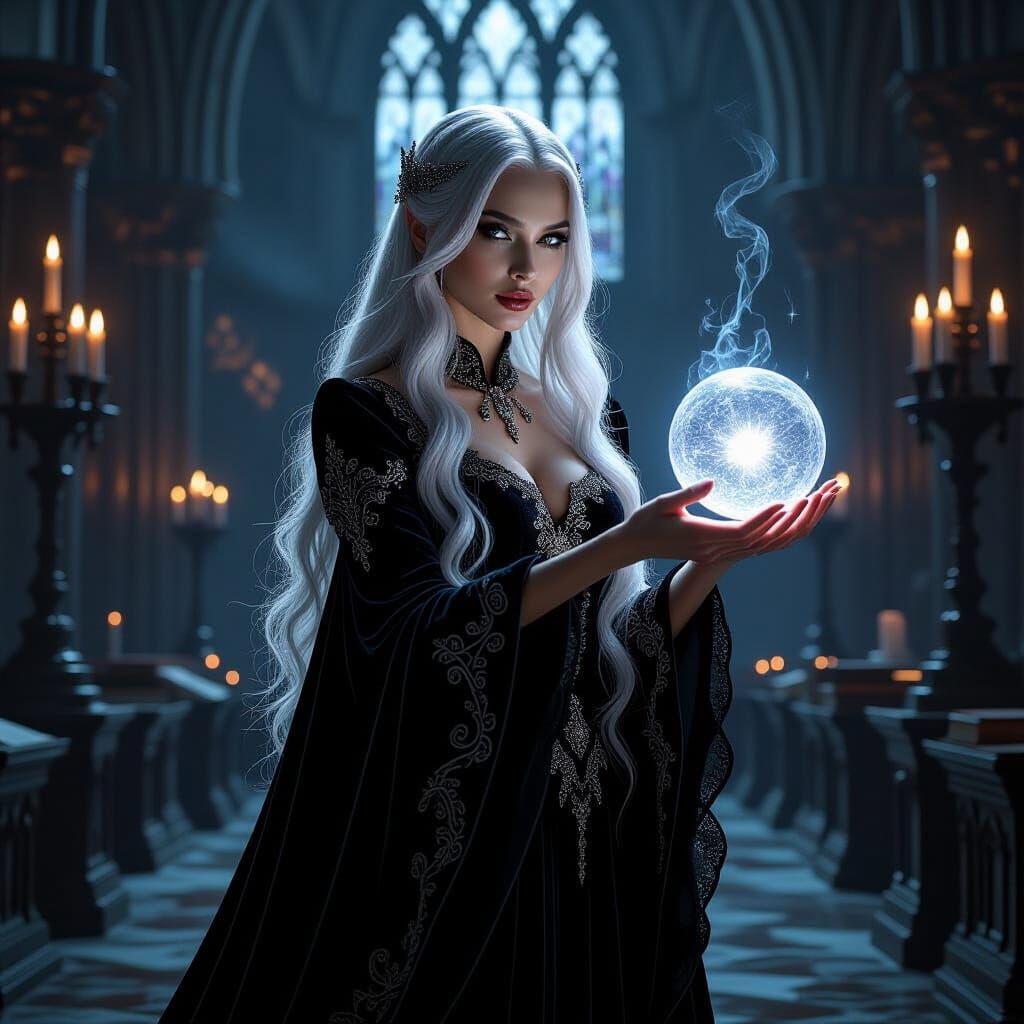 Enchantress in Gothic Cathedral, Dark Fantasy Art