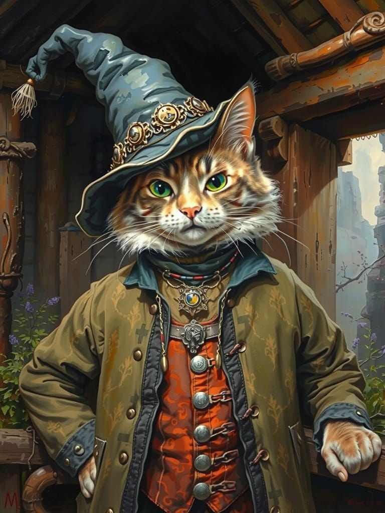 Medieval Wizard Cat in Watercolor Oil Masterpiece