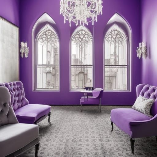 Lavender Gothic penthouse with ethereal lavender walls& Silver arches& Silver frames& Silver mirrors& Silver windows& Si...