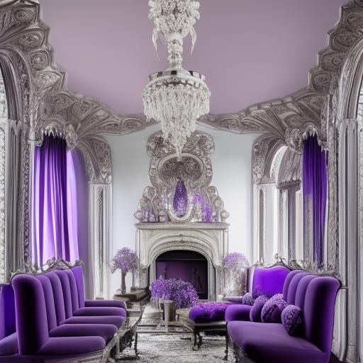 Lavender Gothic penthouse with ethereal lavender walls& Silver arches& Silver frames& Silver mirrors& Silver windows& Si...
