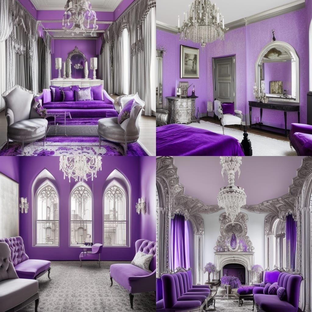 Lavender Gothic penthouse with ethereal lavender walls& Silver arches& Silver frames& Silver mirrors& Silver windows& Si...