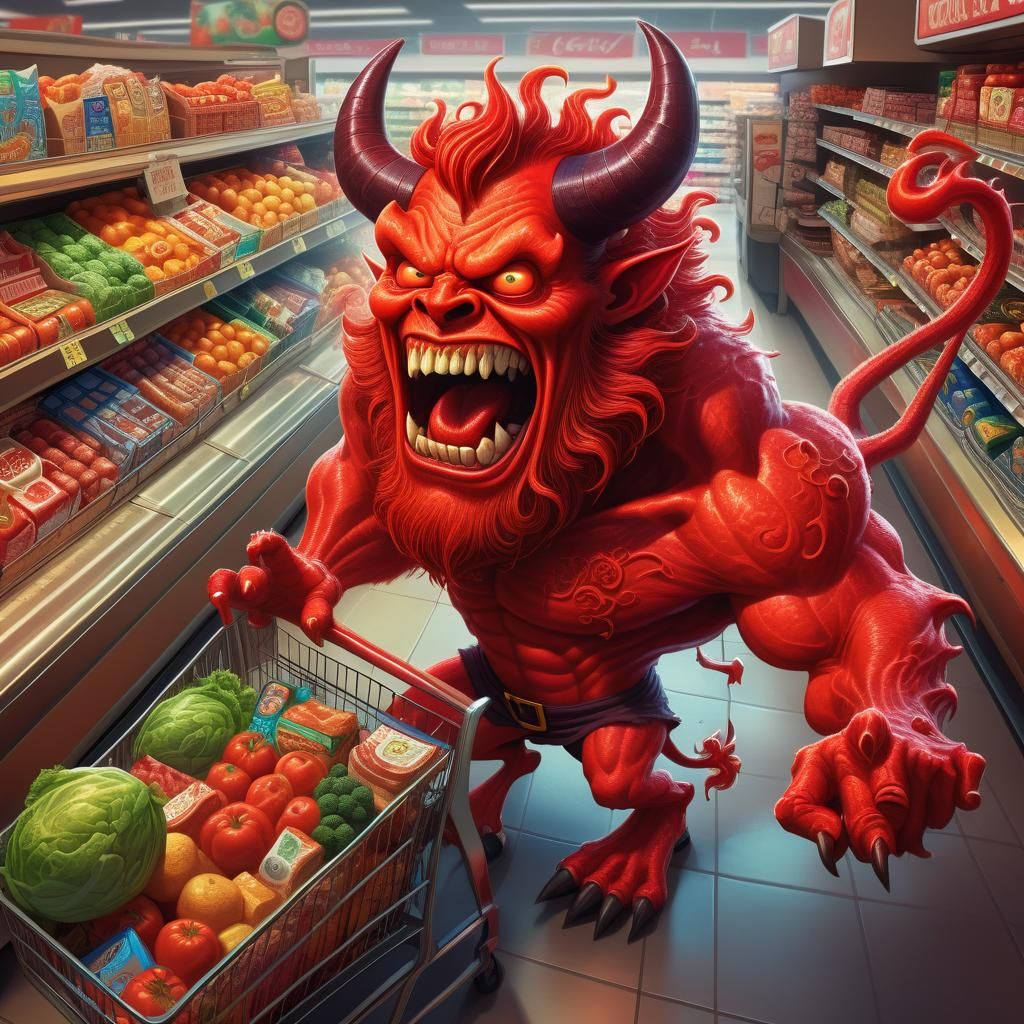 Cartoon Red Devil Grocery Shopping in Fantasy Art