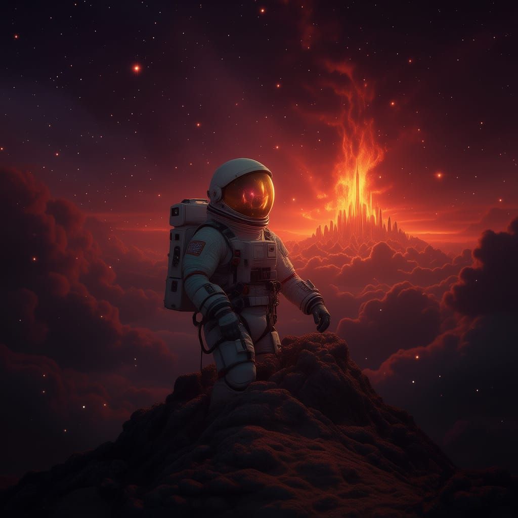 Astronaut Adrift in Vibrant Nebula Reflecting Alien City