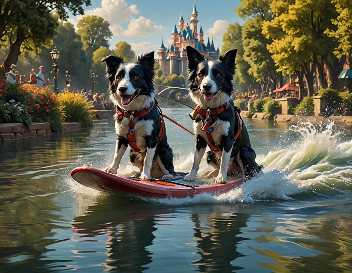 Border Collie Water Skiing, Matte Painting Style