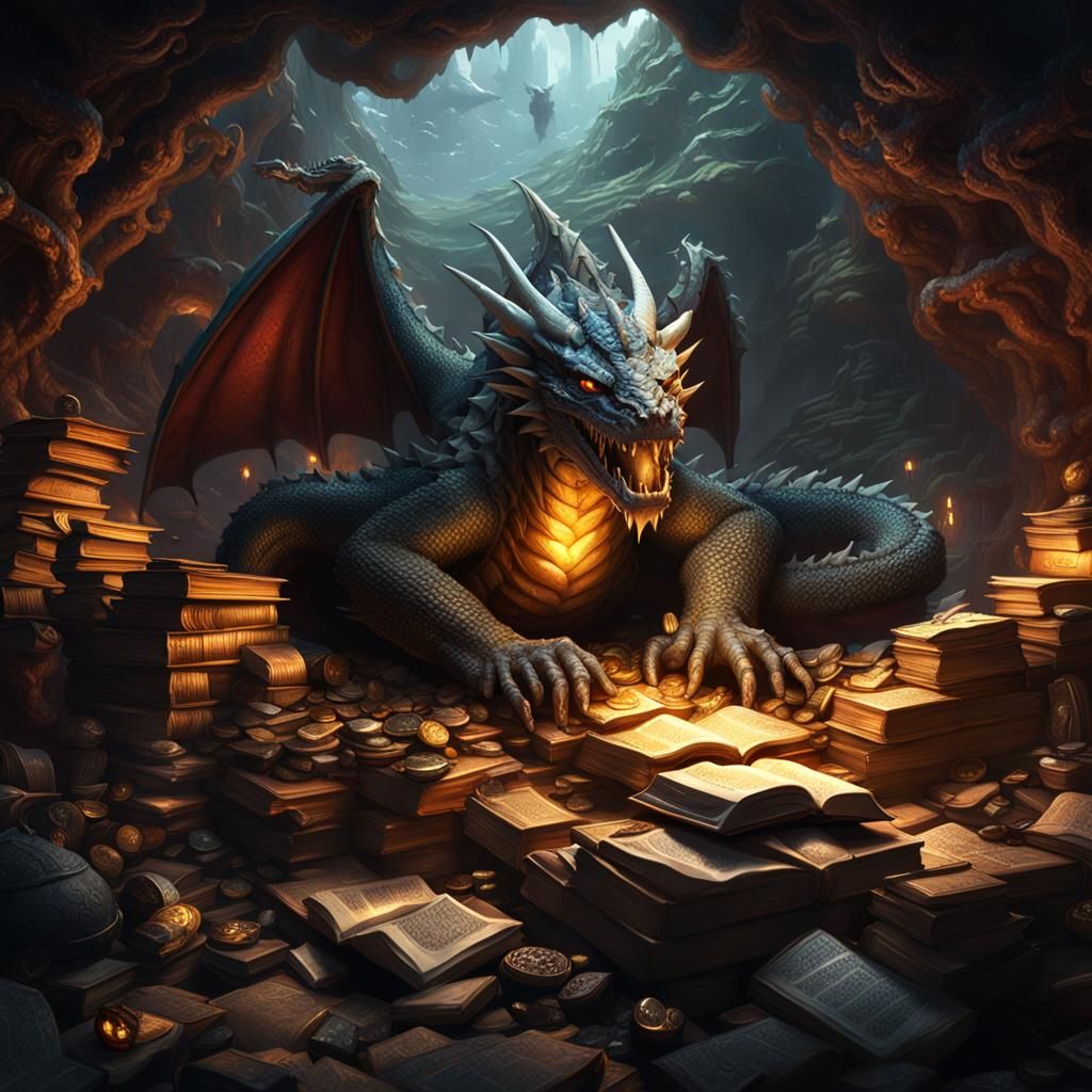 Dragon Guarding a Treasure Trove of Books