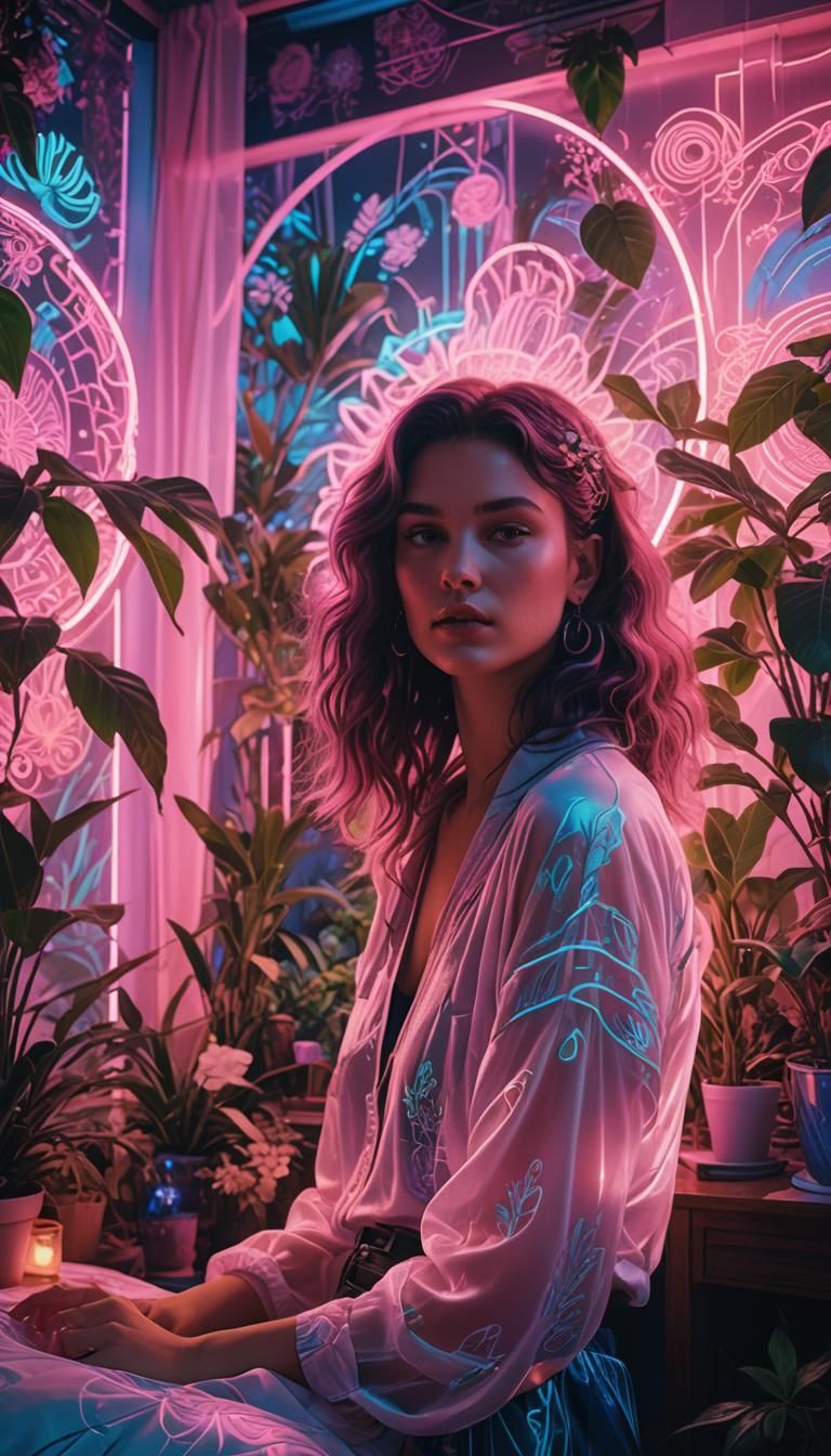 Synthwave Neon Woman in Fantasy Bedroom