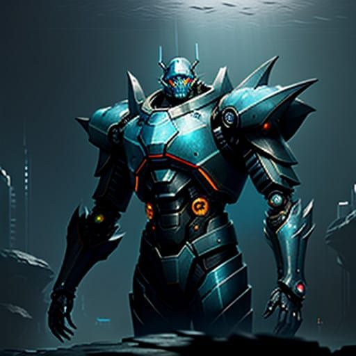 Futuristic Crabman Hero in Industrial Underwater Lair