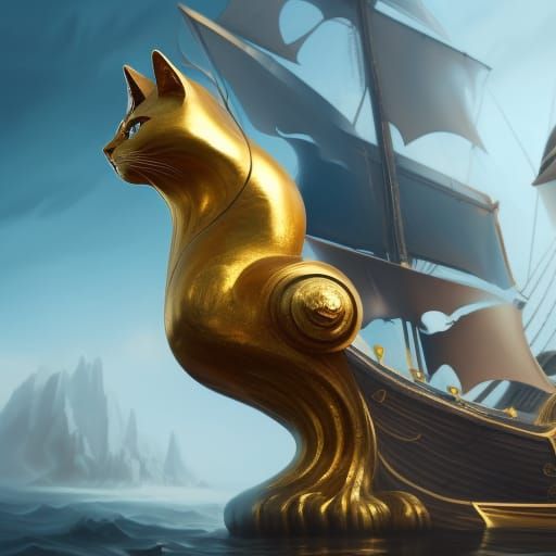Golden Cat Pirate Ship Figurehead in Detailed Painting