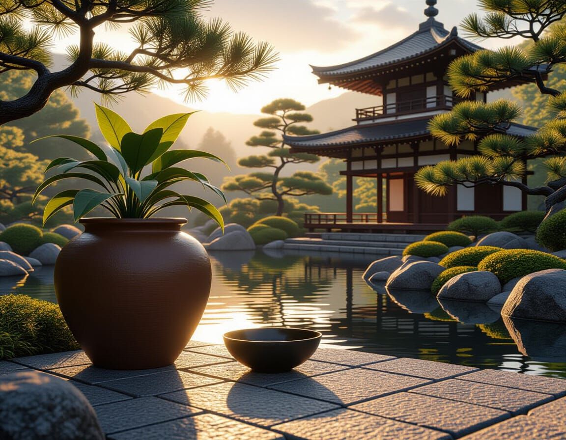 Tranquil Japanese Garden in Golden Light