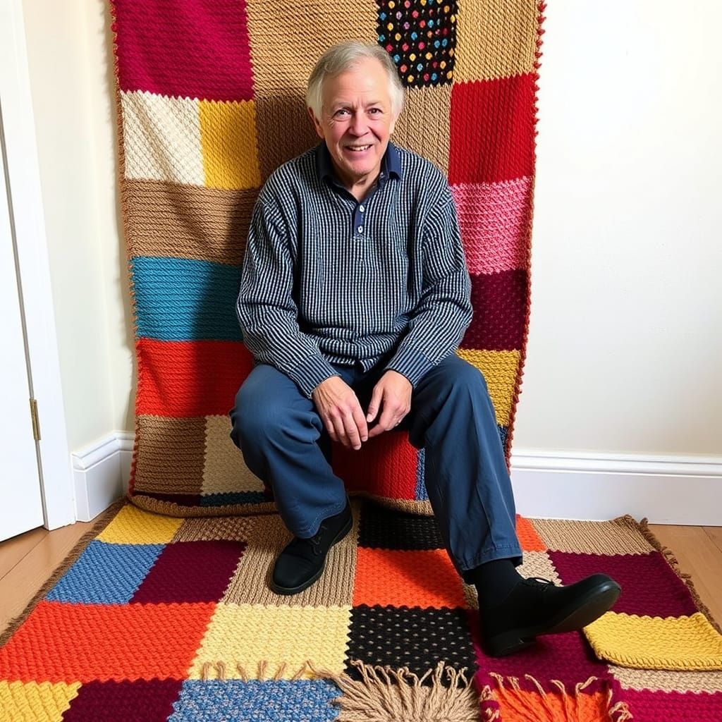 He too made multi-coloured floor rugs from patchwork of knit...
