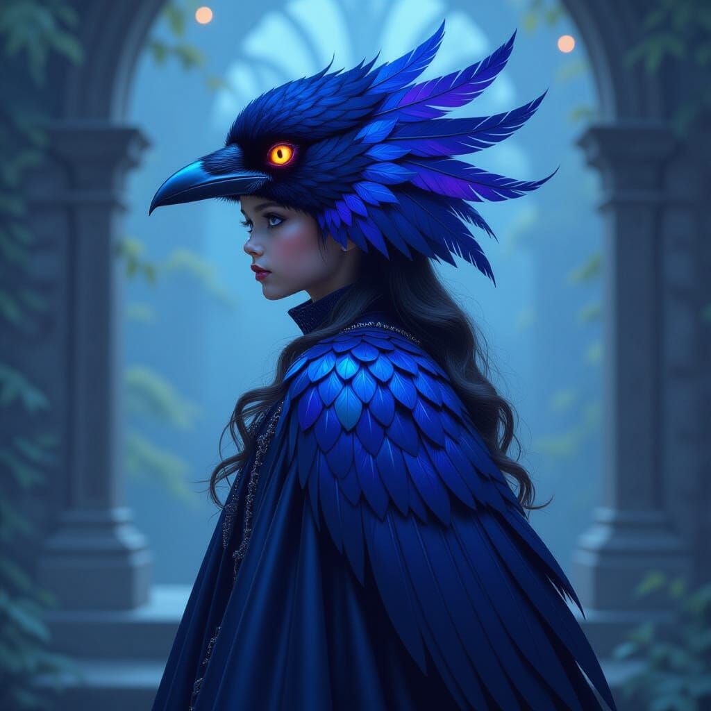 Girl in Ethereal Crow Costume with Bioluminescent Feathers